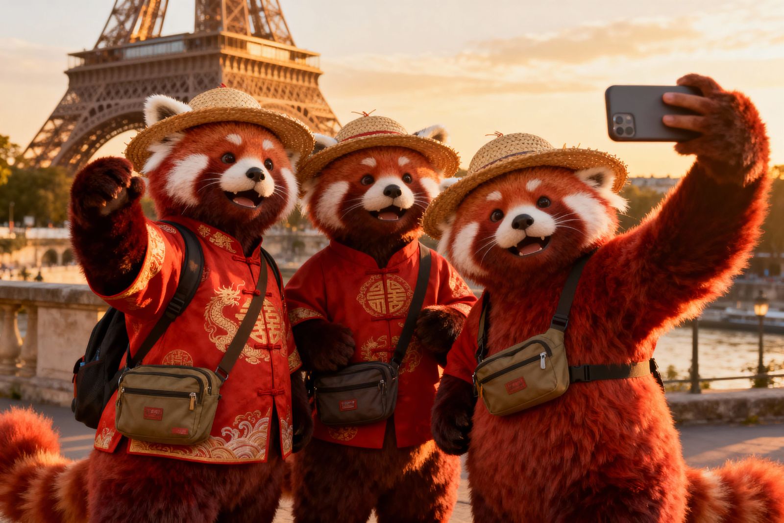 Red Pandas as Tourists Take Selfie at Eiffel Tower