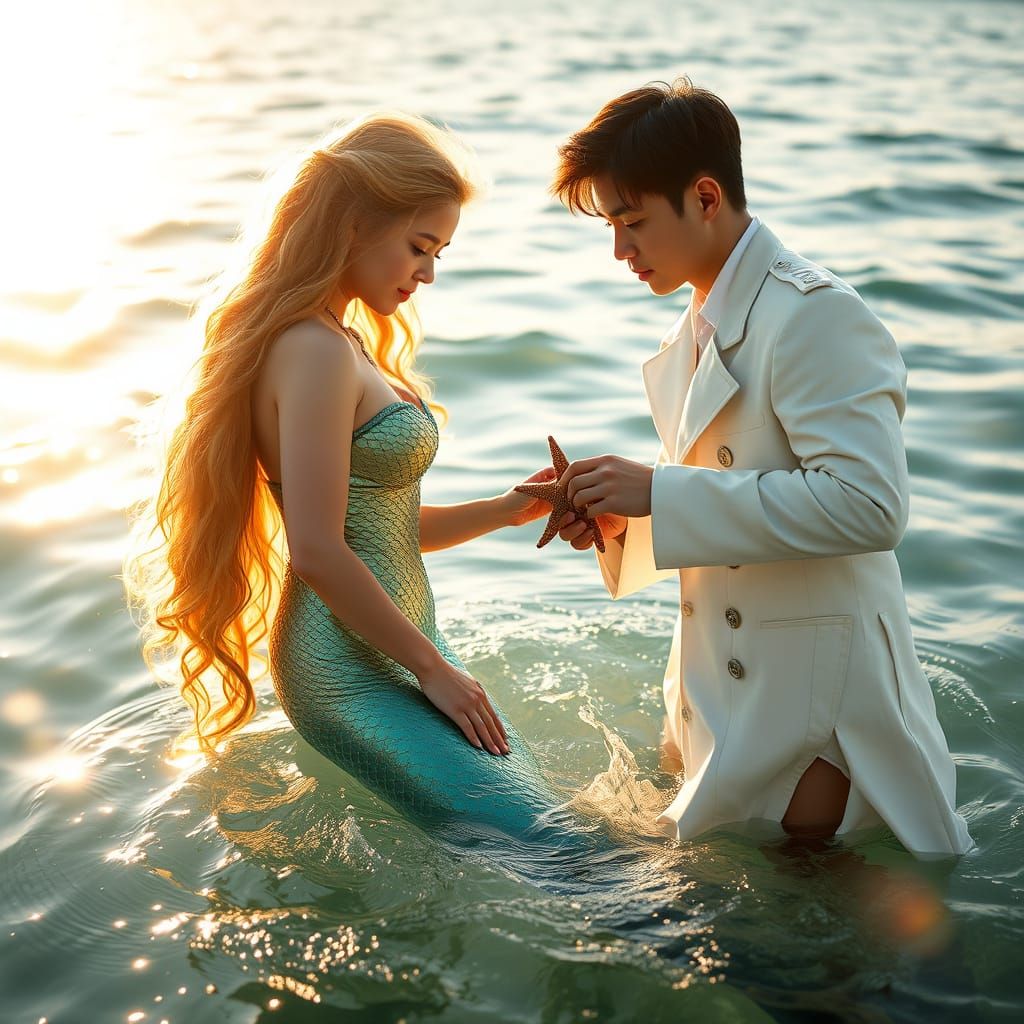 Golden Mermaid Offers Gift in Sunlit Oceanic Dreamscape