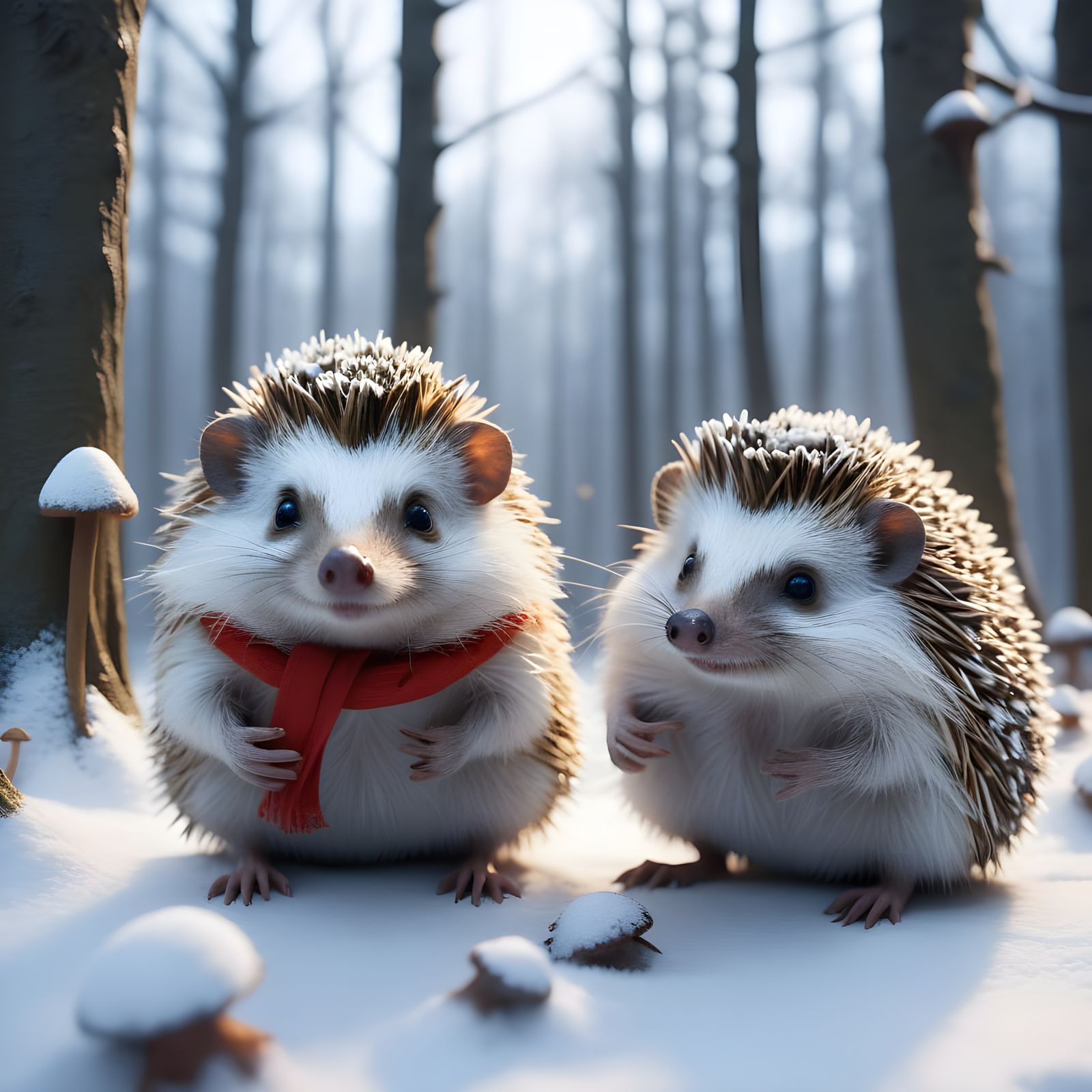 Whimsical Winter Woodland Scene with Hedgehogs