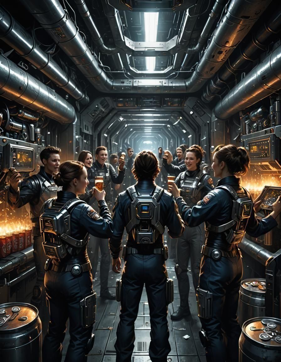 Sci-Fi Engineers Celebrate in Futuristic Bunker