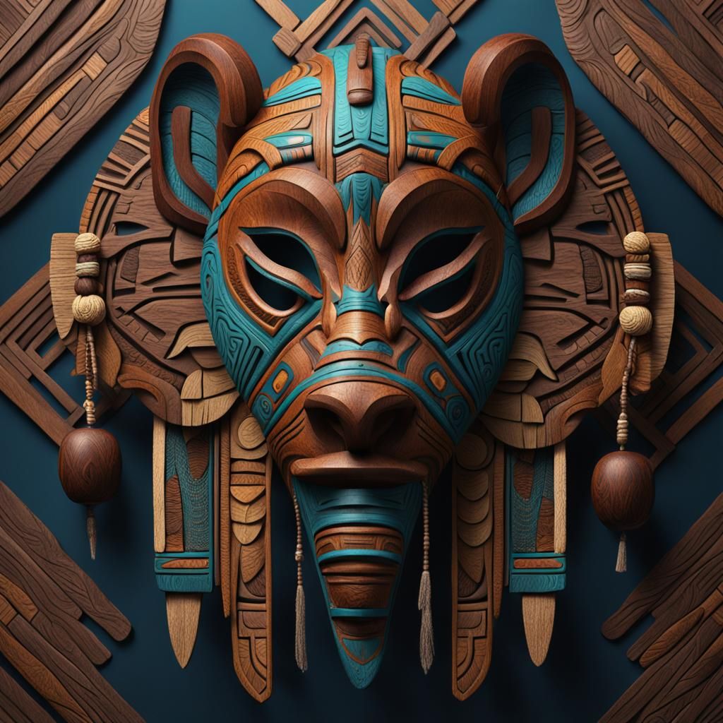 Detailed Wooden African Tribal Animal Mask Art
