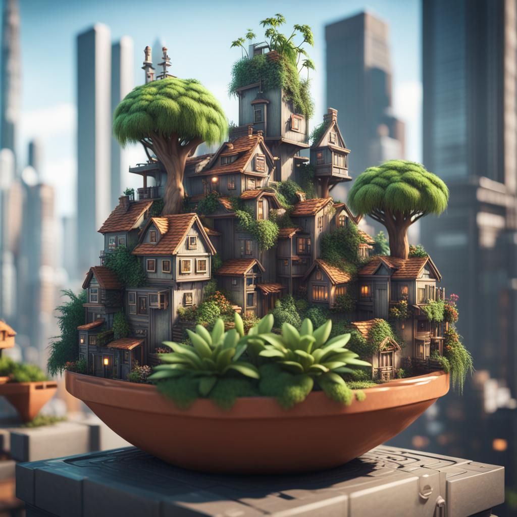 Tiny City in Plant Pot: 3D Game Cinematic