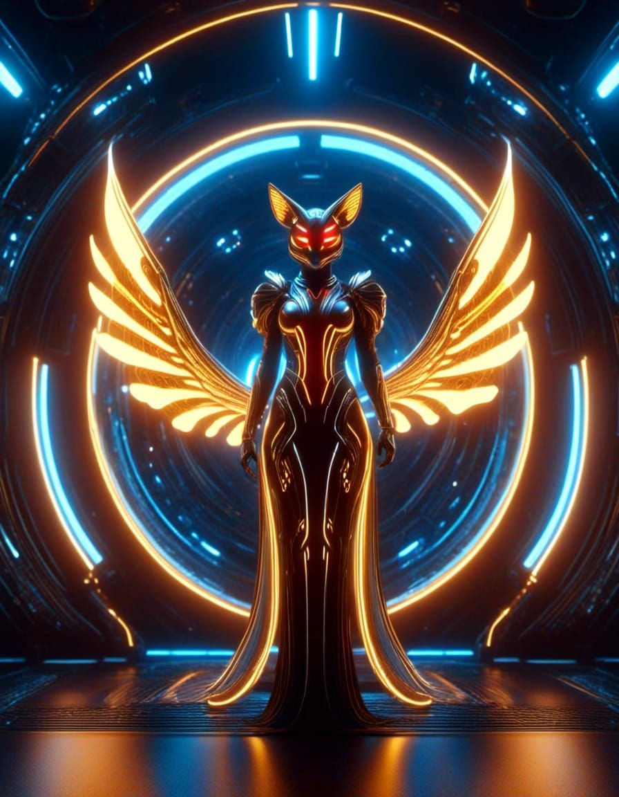 Female TRON style winged kitsune, red, yellow, and red, standing in front of a sci-fi machine portal. <lora:funneling:1....