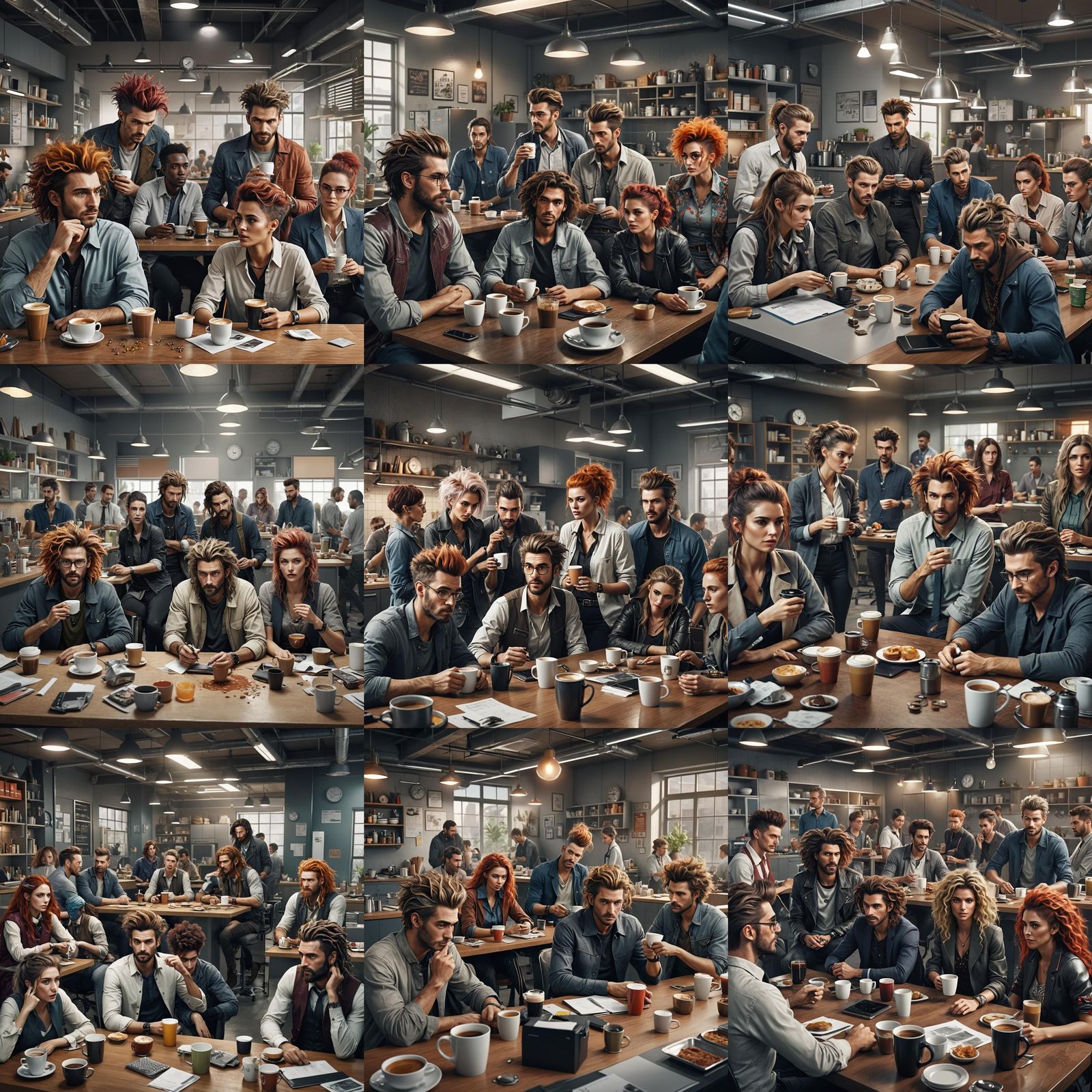 Tired People Dreading Work in Office Kitchen