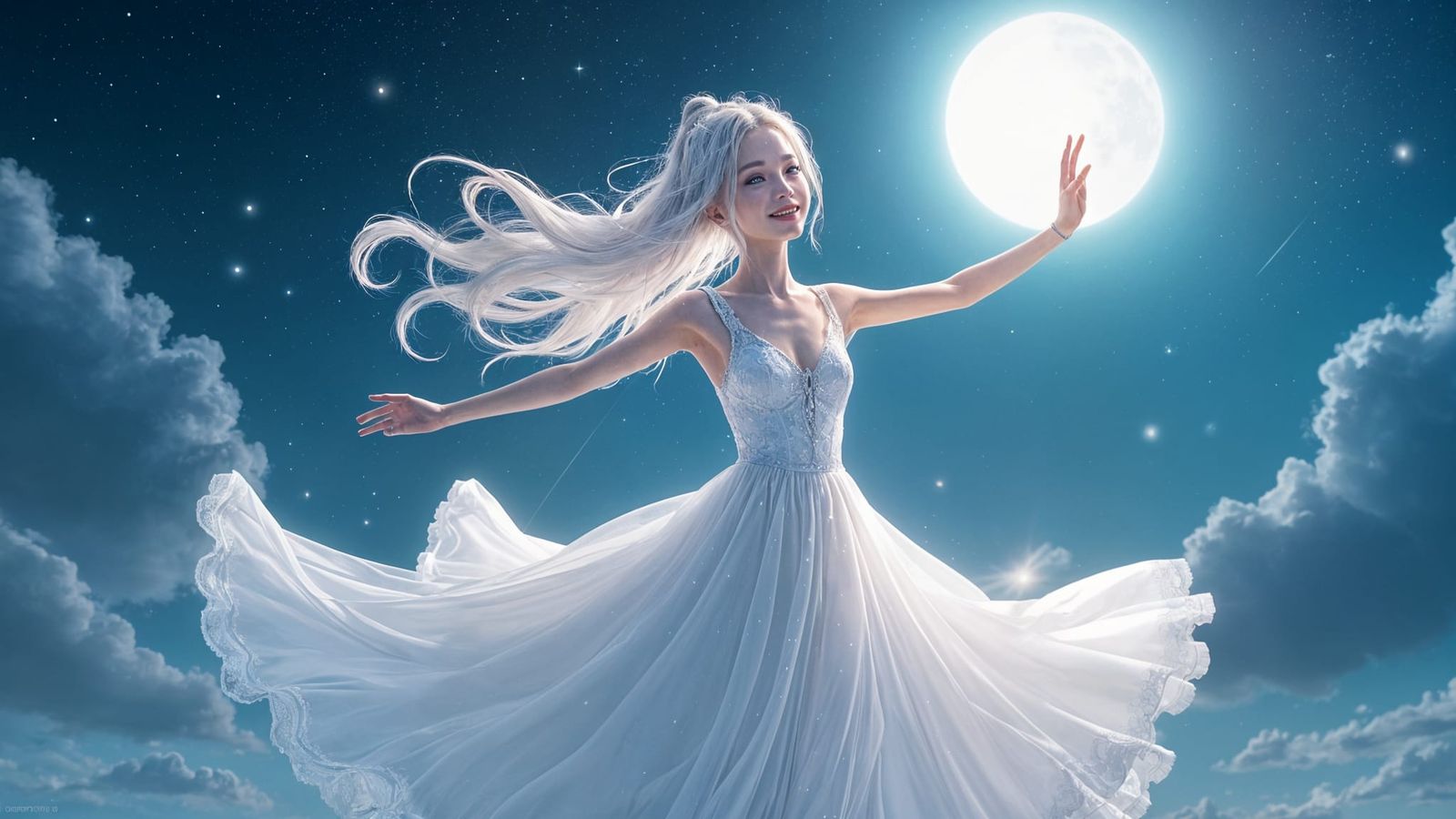 Radiant Girl Dancing Under a Moonlit Sky