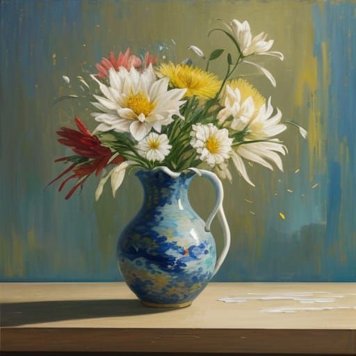 Ikenobo Flower Arrangement as Impasto Oil Painting