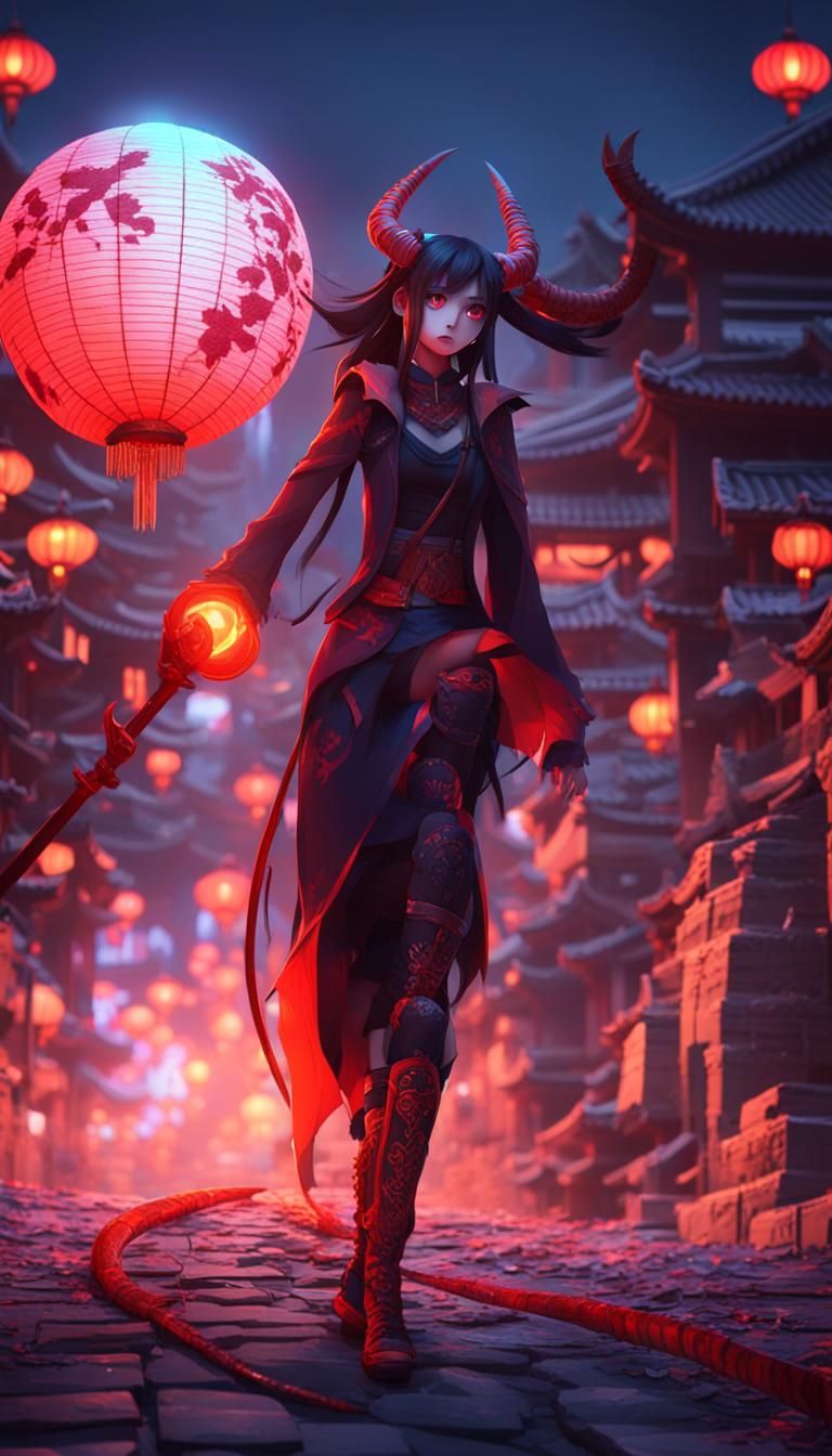 Demonic Girl Walks Ancient Chinese City Streets
