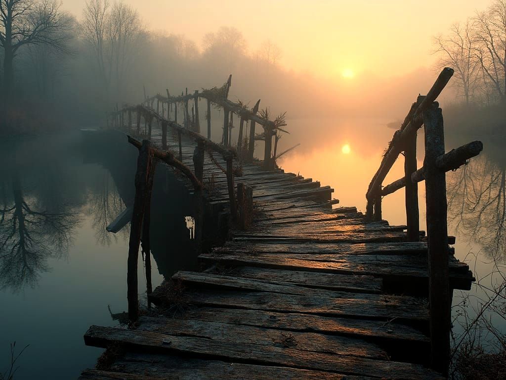 Serene Decaying Bridge at Golden Hour