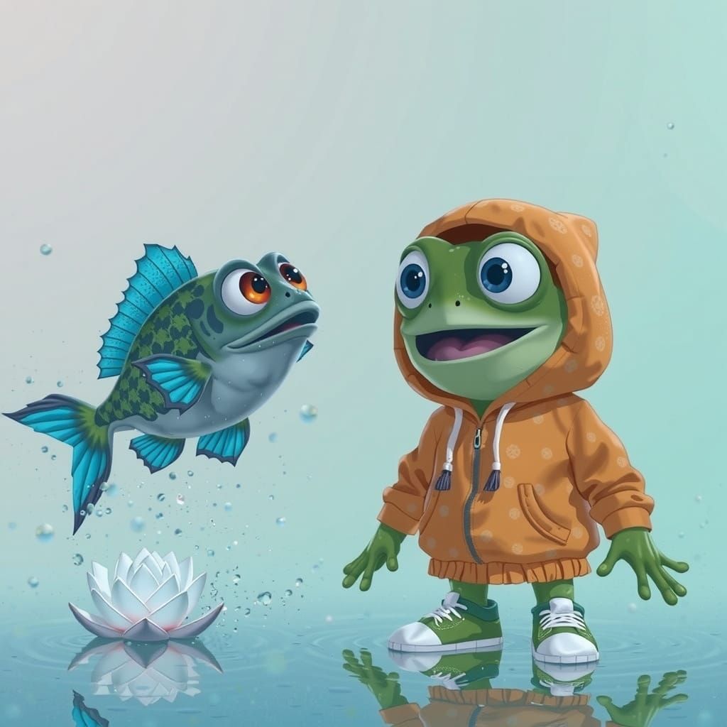 Surprised Cartoon Frog and Leaping Fish in Pond
