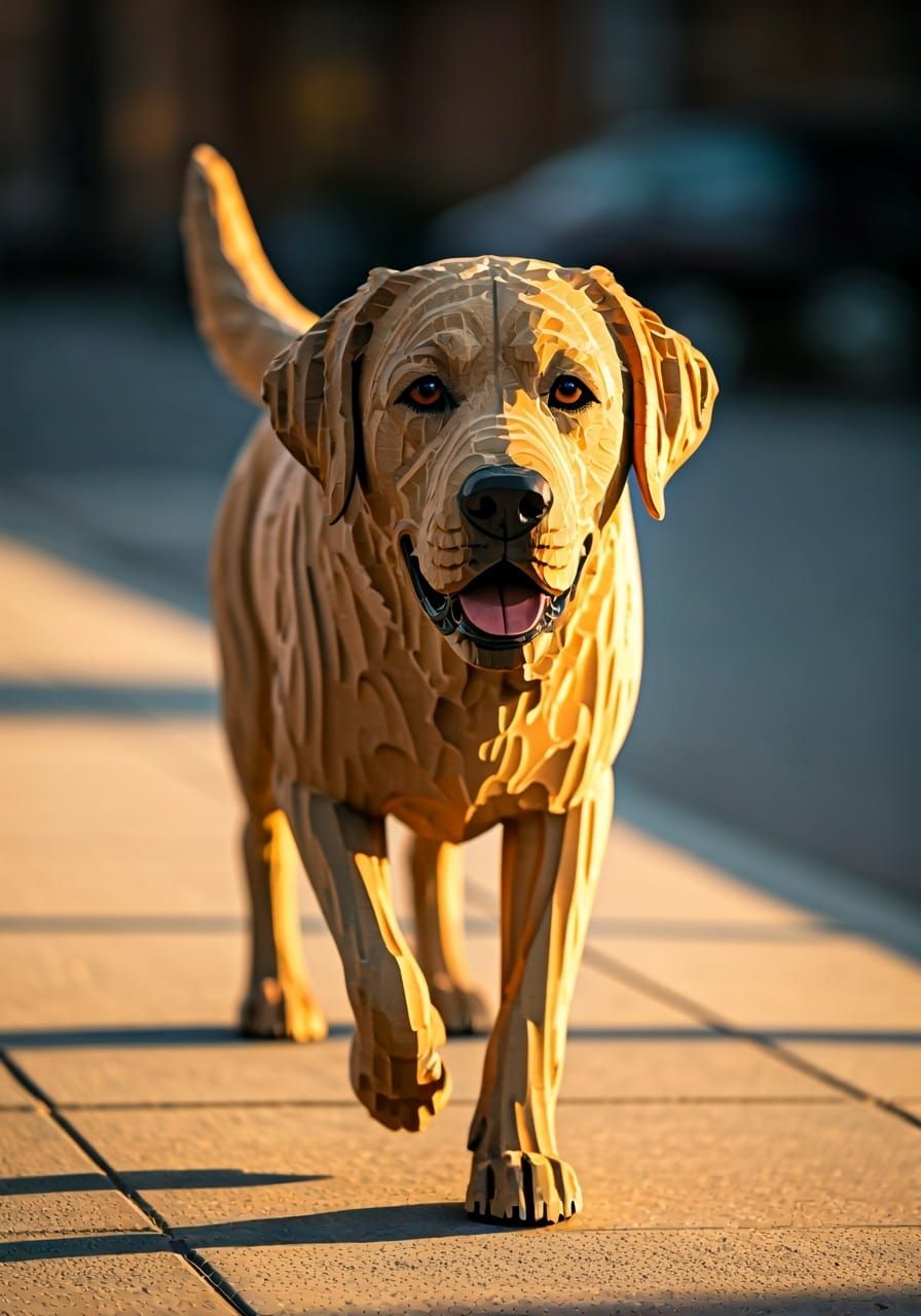 Photorealistic Cardboard Dog Sculpture in Sunlight