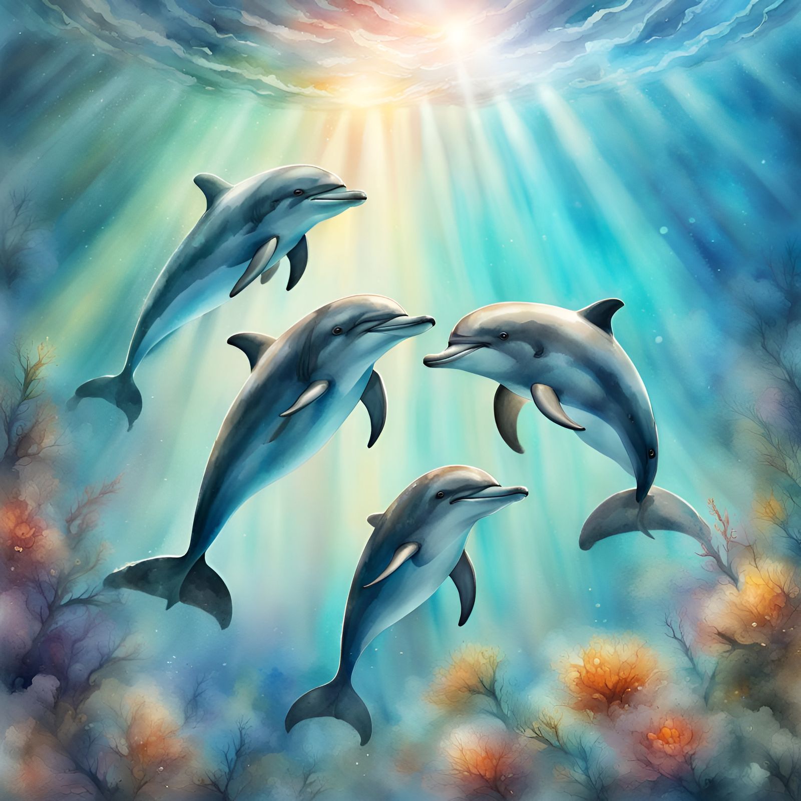 Watercolor Dolphins Therapy in Sunlight: Aquarelle Art