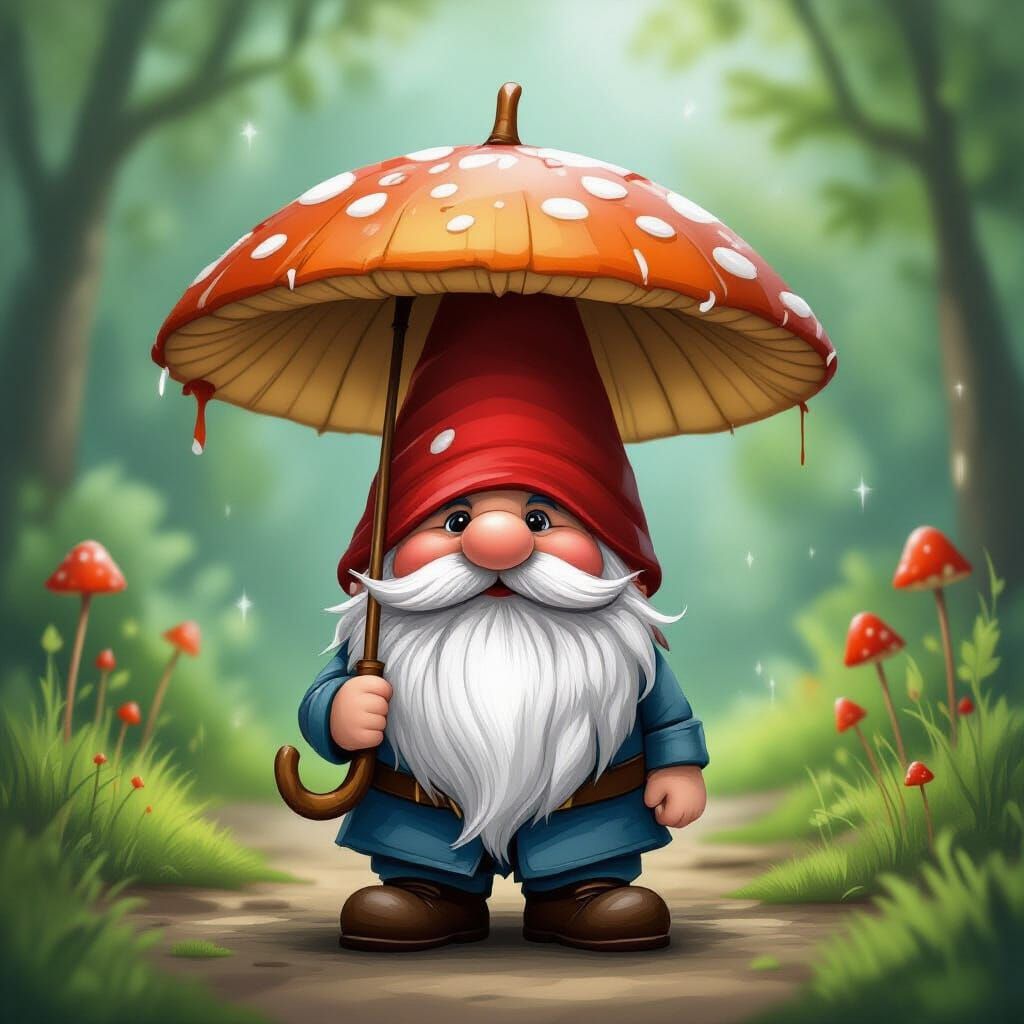 Whimsical Gnome Under a Mushroom Umbrella