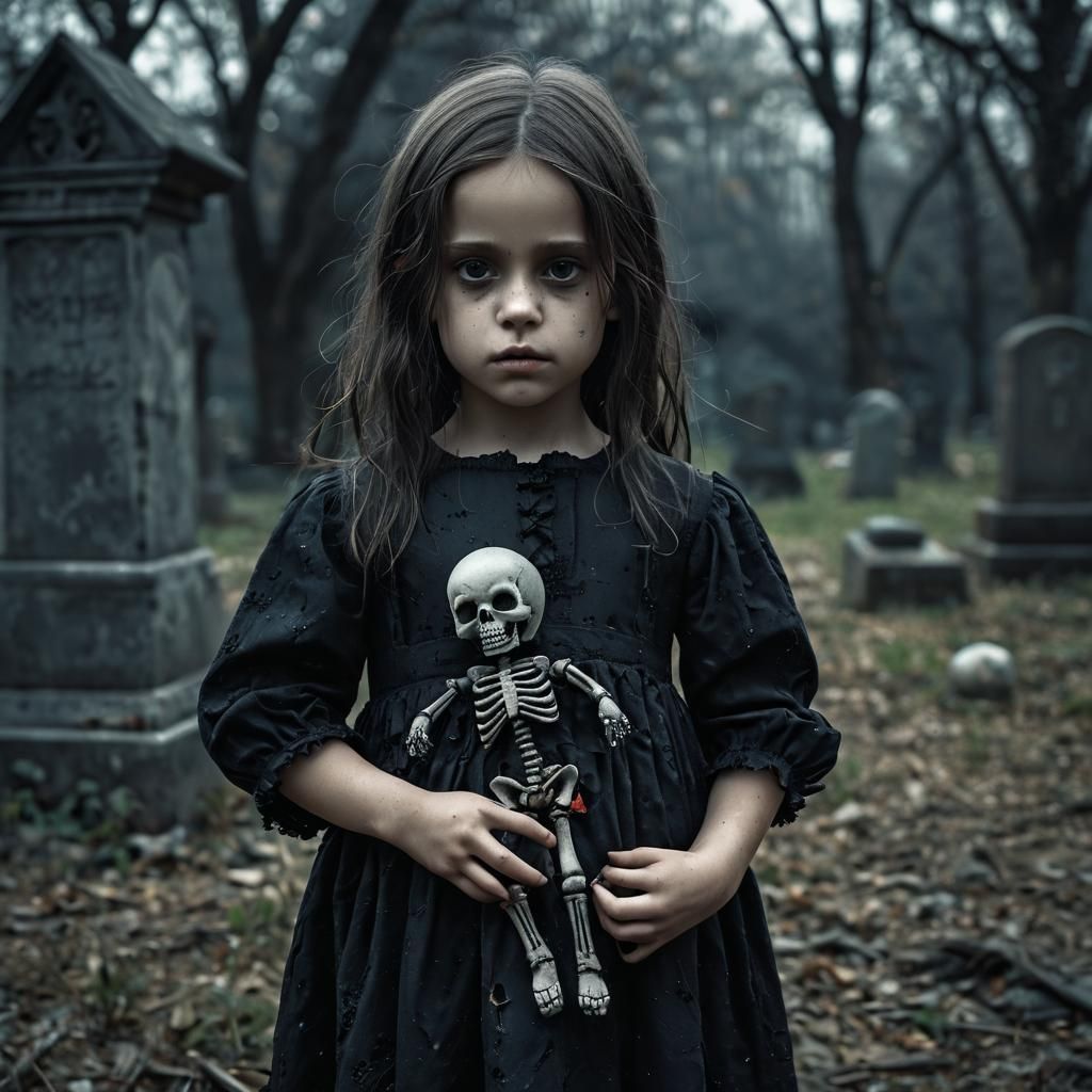 Gothic Child with Voodoo Doll in Cemetery