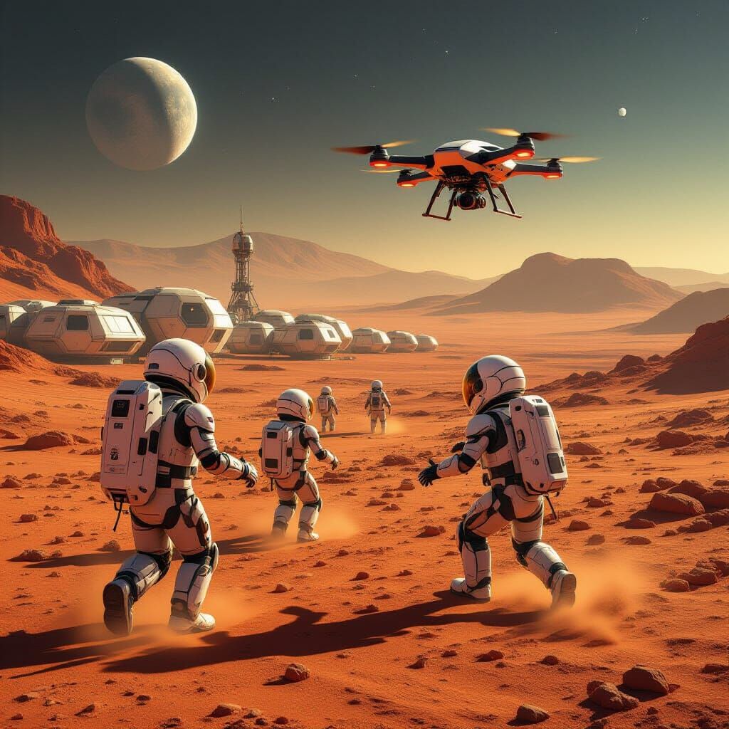 Children in Martian Exosuits Chase Drone