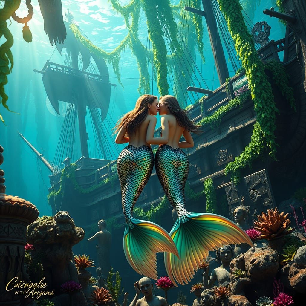 Sensual Mermaid Couple in an Underwater World of Vibrant Bea...