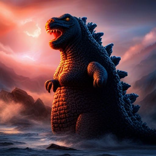 Hyperrealistic Crochet Godzilla with Intricate Details