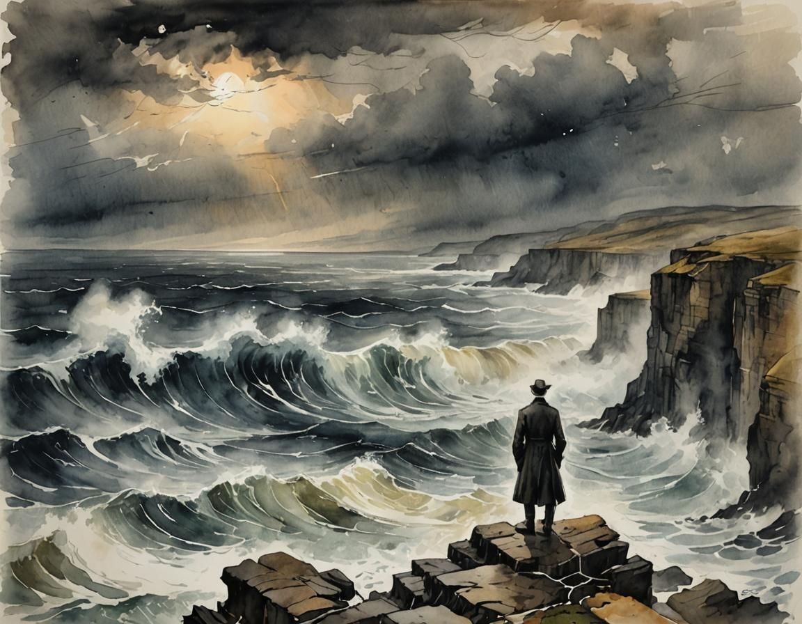 Solitary Figure Overlooking Stormy Sea in Watercolor Style