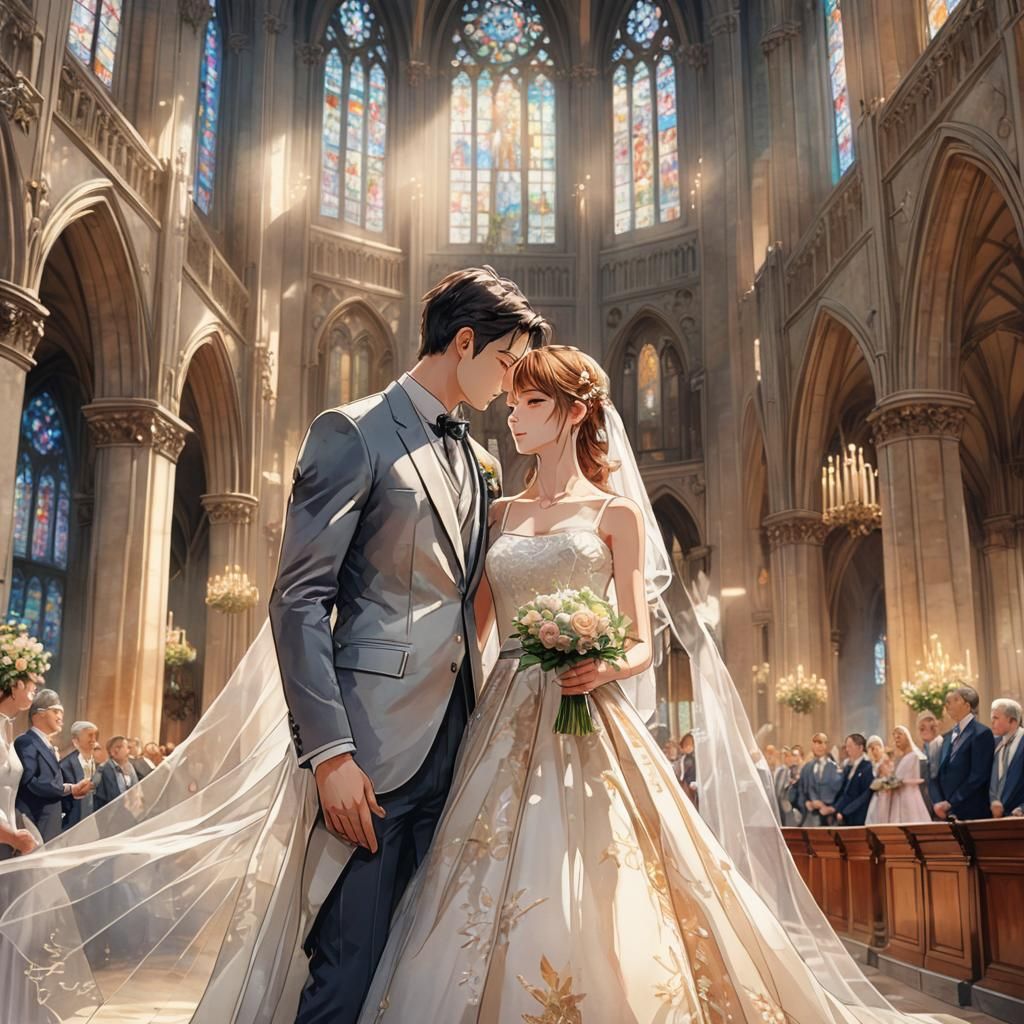 Anime Wedding in Cathedral with Dreamy Watercolor Texture