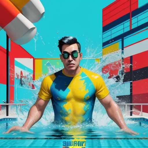 Onomatopoeia "splash" in a pop art image of a man in a pool ...