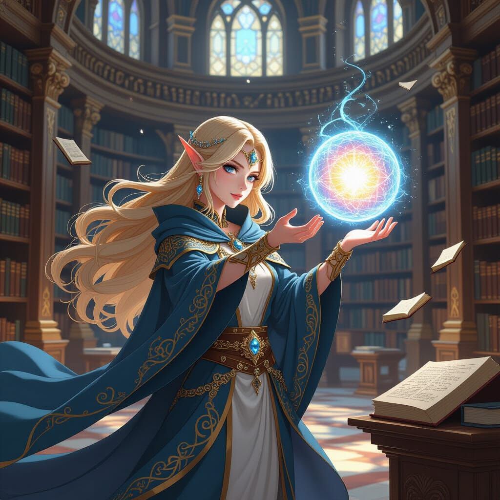 High Elf Mage Casting Spell in Anime Style