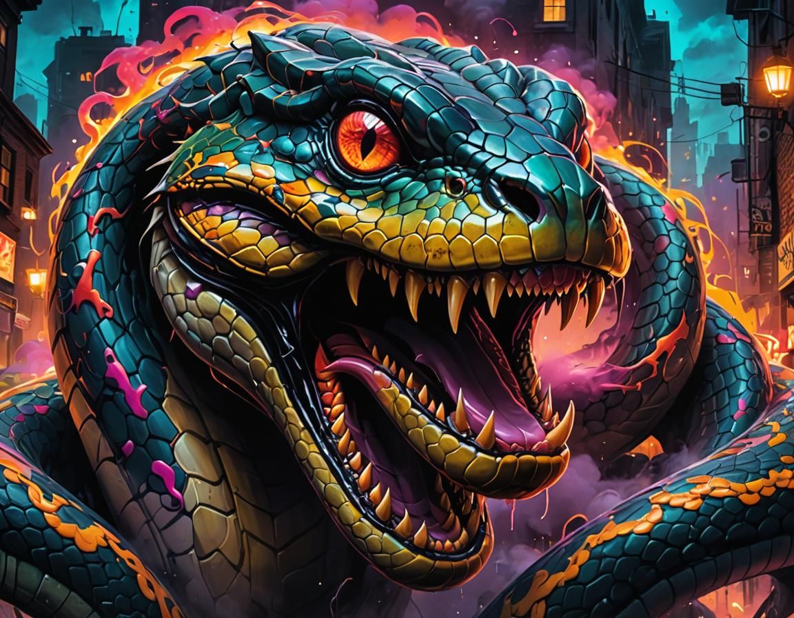 Graffiti Snake Bursting from Haunted Street