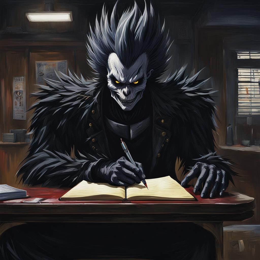 Ryuk Writing in Notebook, Hand-Painted Style