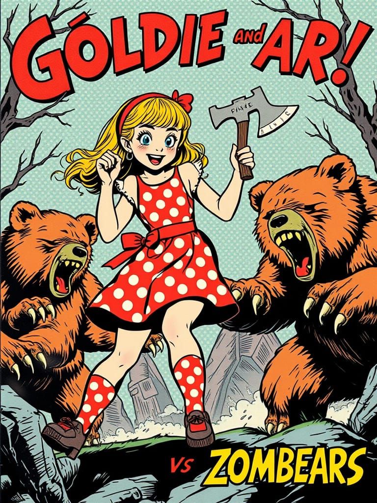 Comic Book Goldilocks vs Zombie Bears in Pop Art Style
