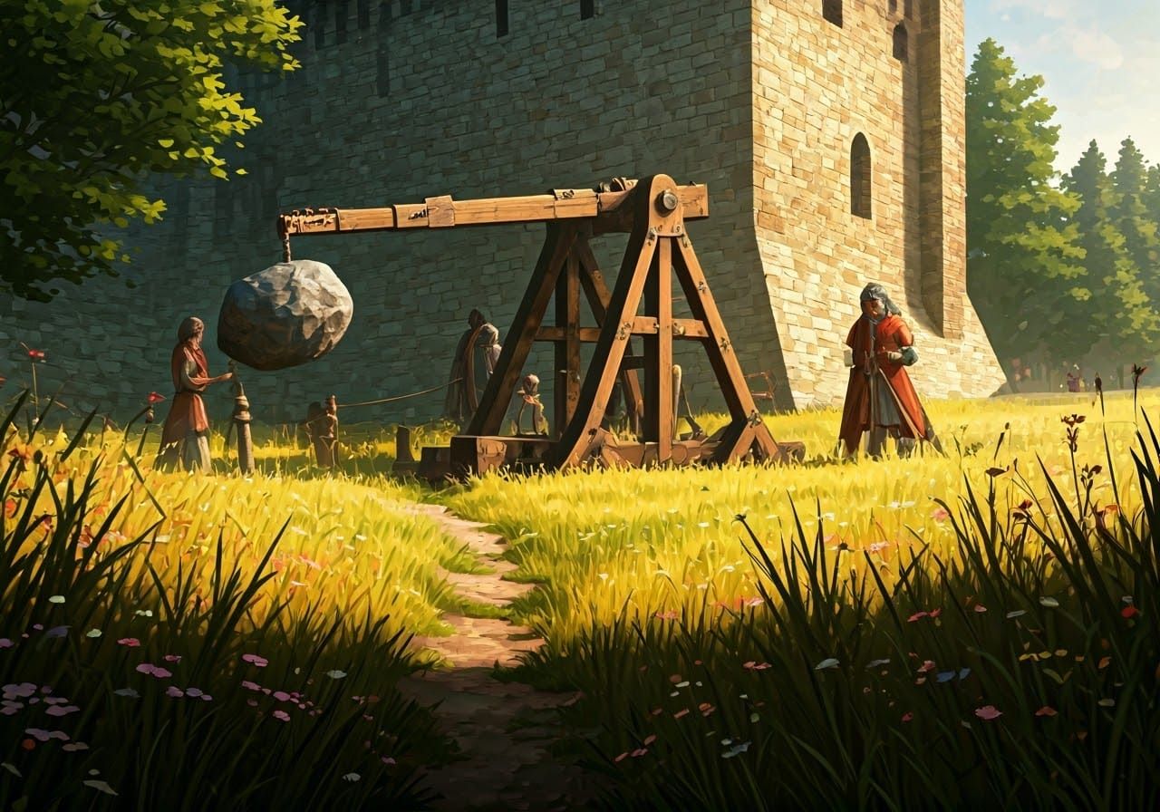 Medieval Trebuchet Prepares to Launch a Massive Rock in a Lu...