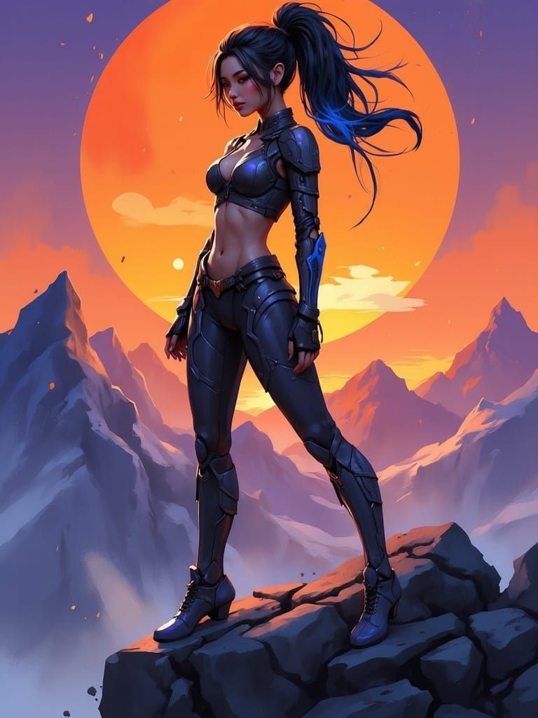 Futuristic Woman on Windswept Peak, Digital Art