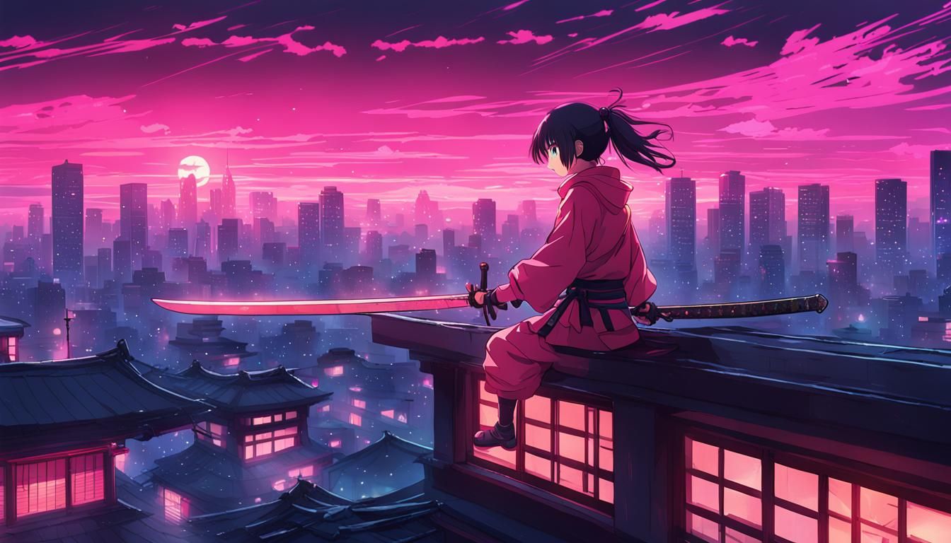 Pink Ninja Girl on Rooftops in Synthwave Style