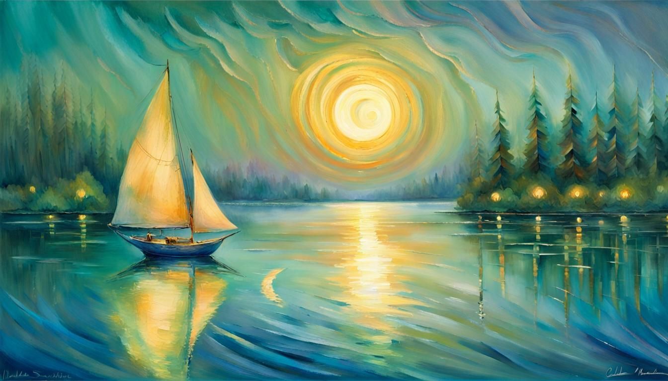 Golden Sailboat on Shimmering Lake in Dreamlike Illustration