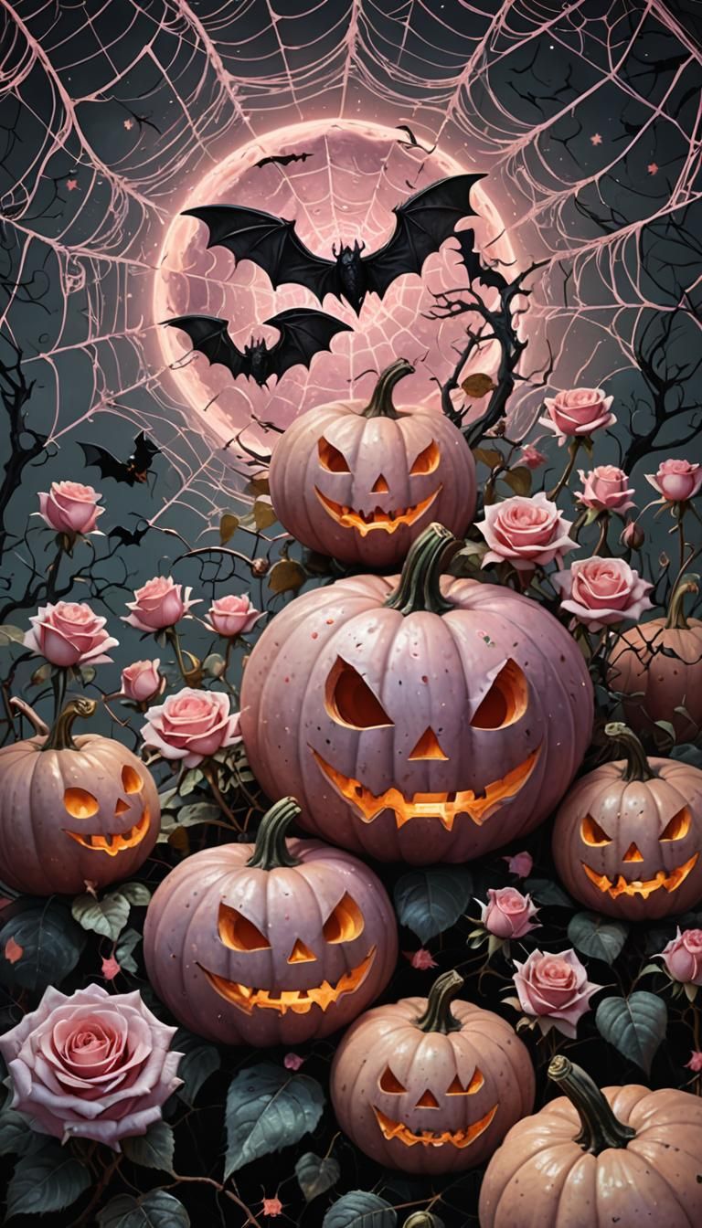 Halloween Pumpkins with Roses: Holographic Cosmic Illustrati...