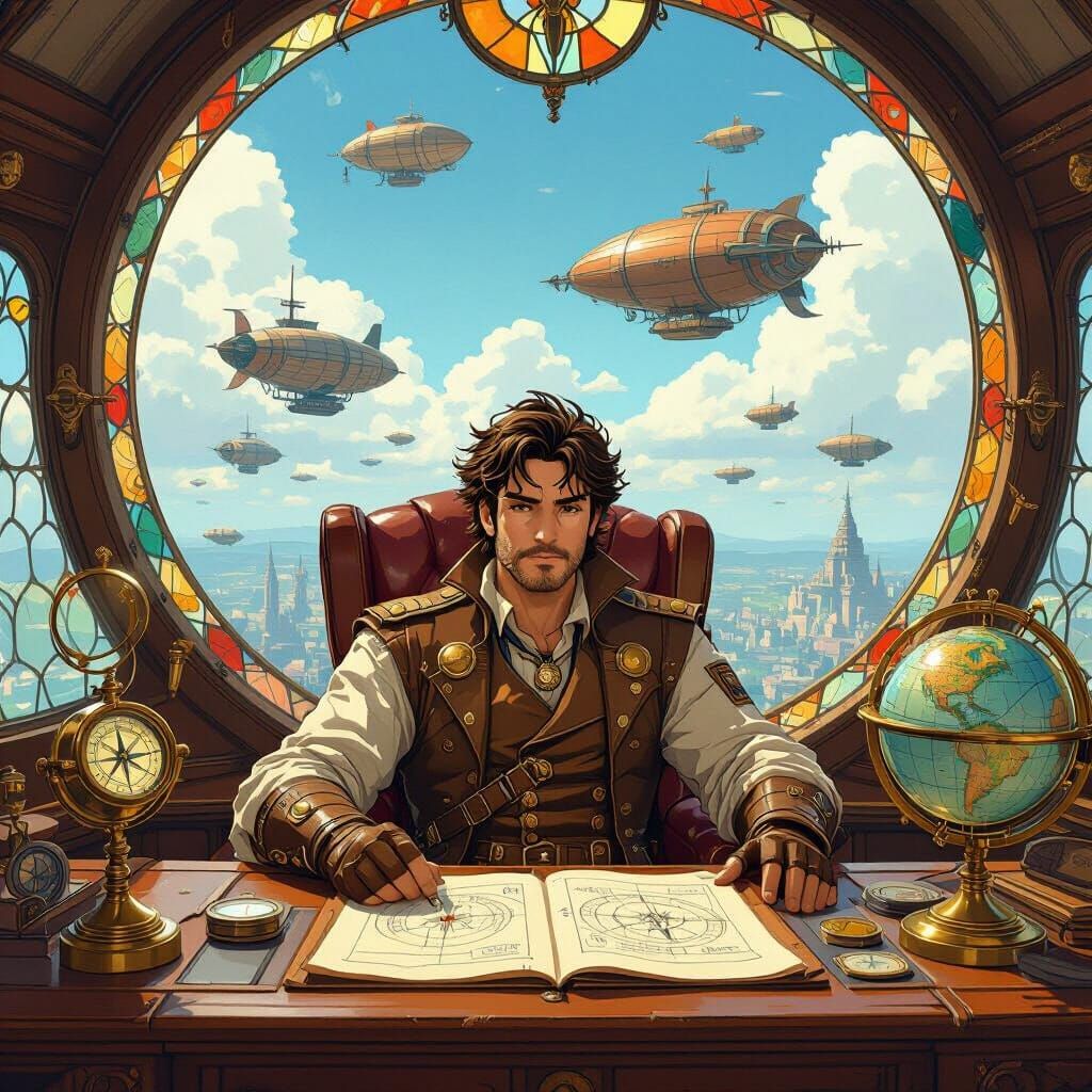 Airship Captain Amidst Whimsical Sky Traffic