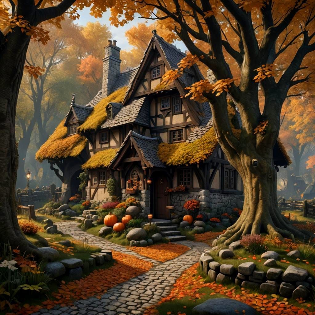 Medieval Cottage in Autumn Woods: Fantasy Concept Art