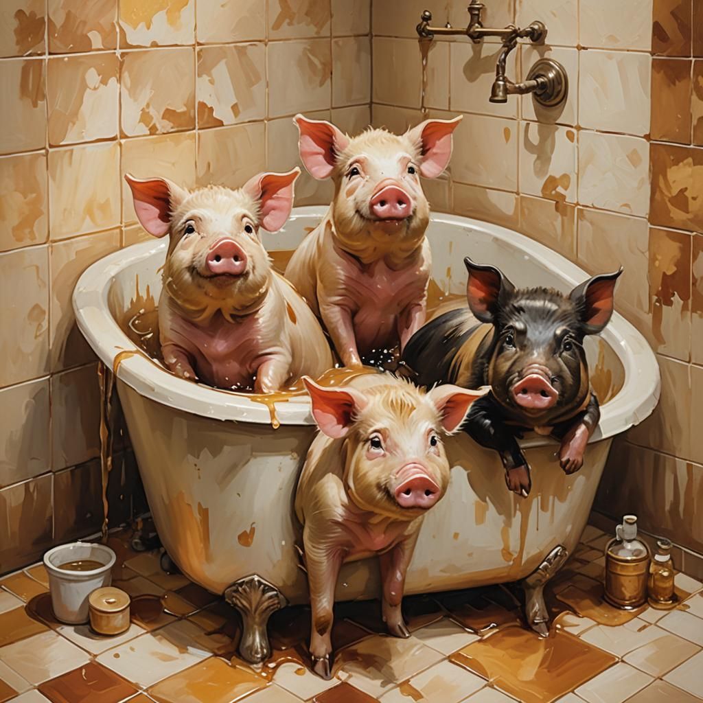 Whimsical Pigs Bathing: An Impressionist Oil Painting