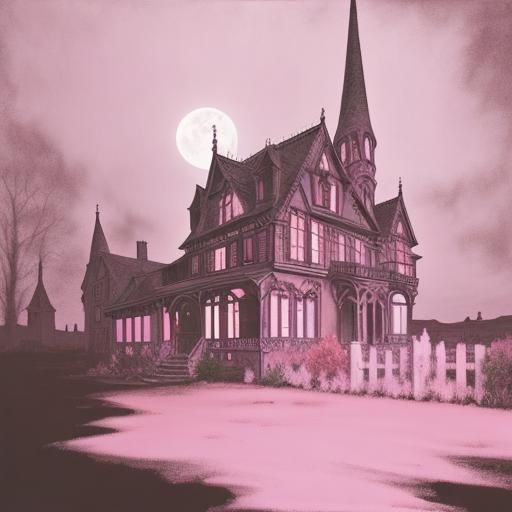 Wonky Haunted House with Pink Pumpkins, Expressionistic Oil ...