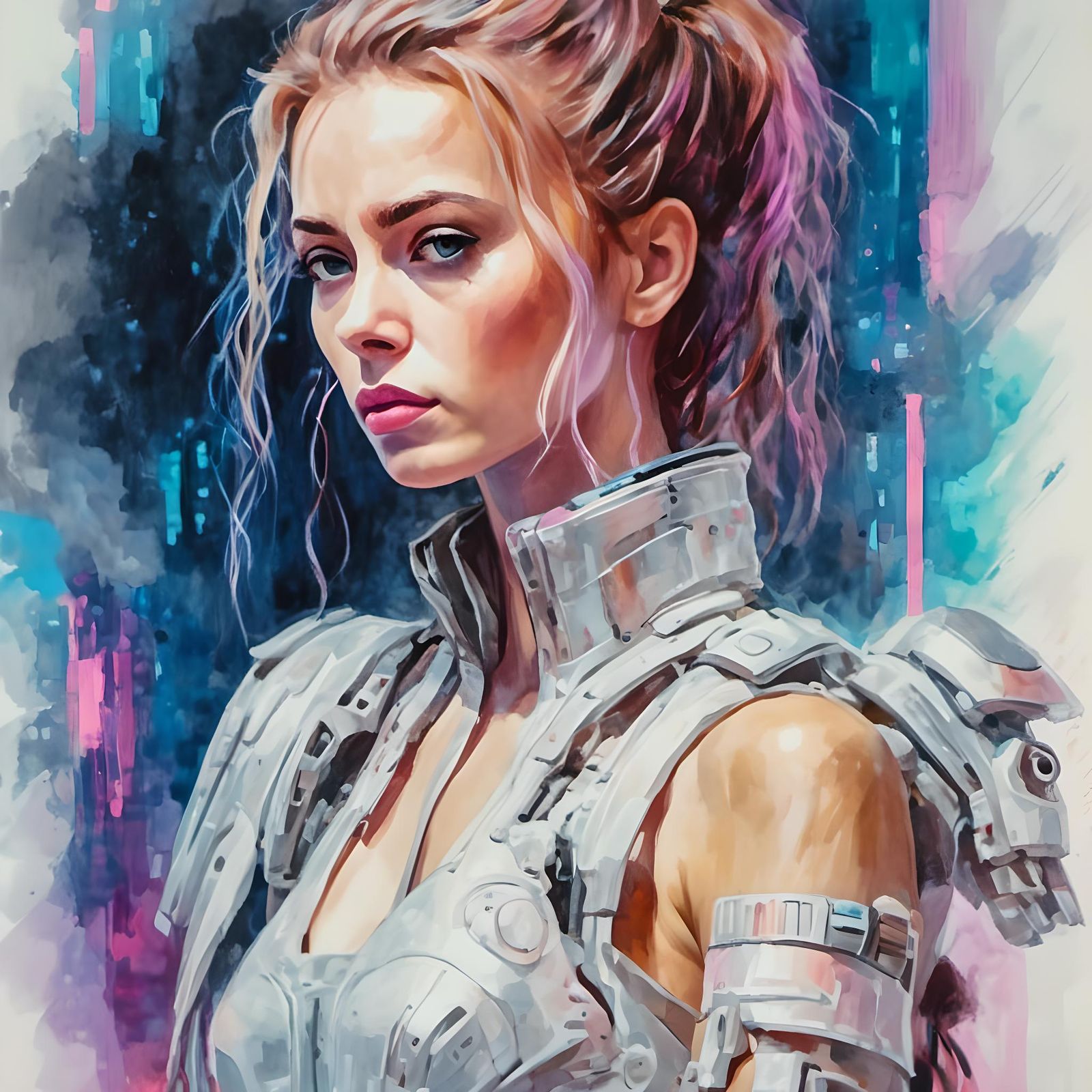 Cyberpunk Robot in Watercolor Style, Blade Runner Aesthetic