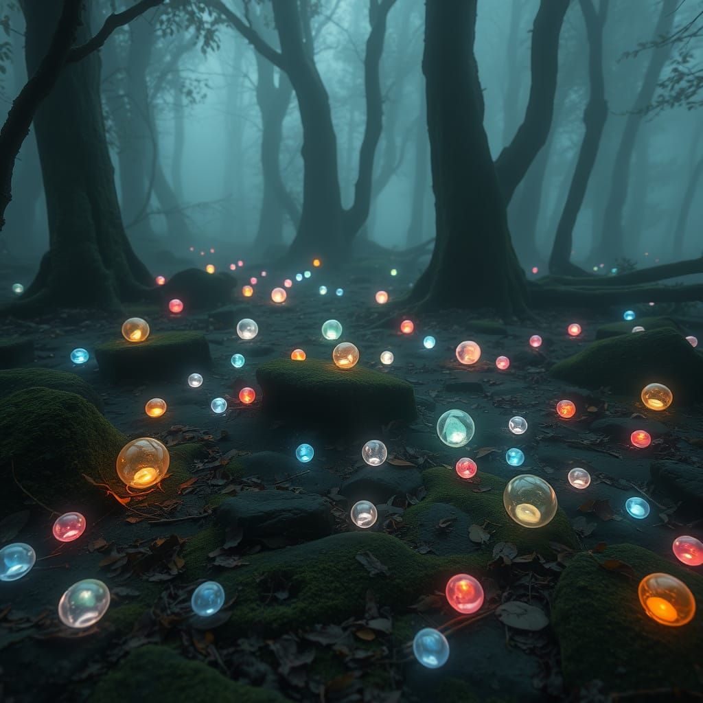 Mystical Forest with Glowing Orbs: Ethereal Digital Art