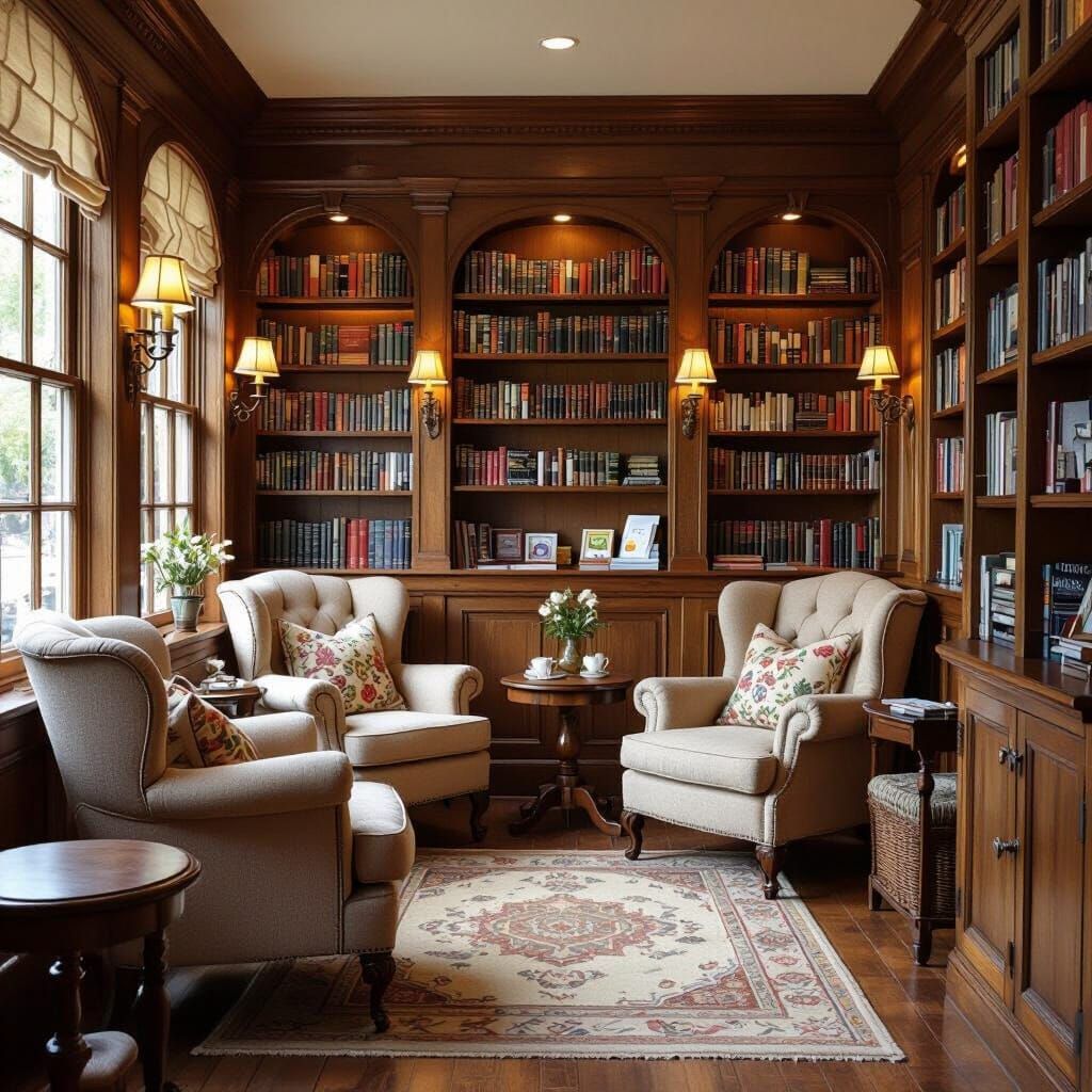 Cozy Coffee Shop Library in Storybook Illustration Style