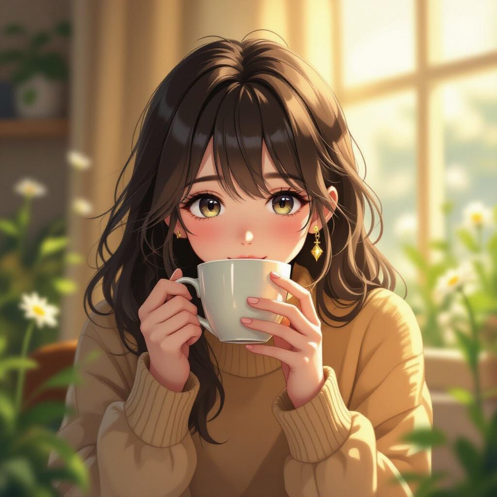 Woman Enjoys Warm Drink in Cozy Atmosphere