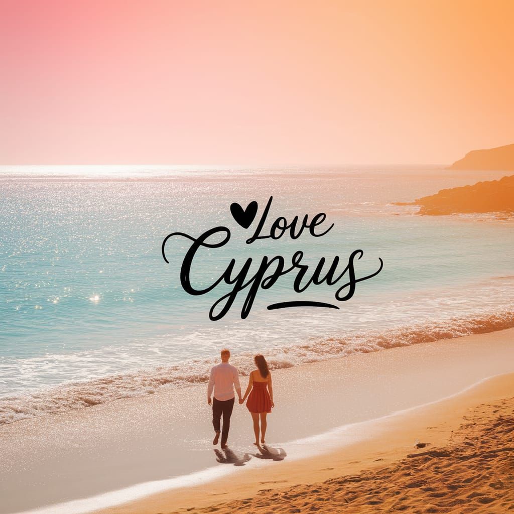 Cyprus Beach Sunset with Couple and 'Love Cyprus' Message