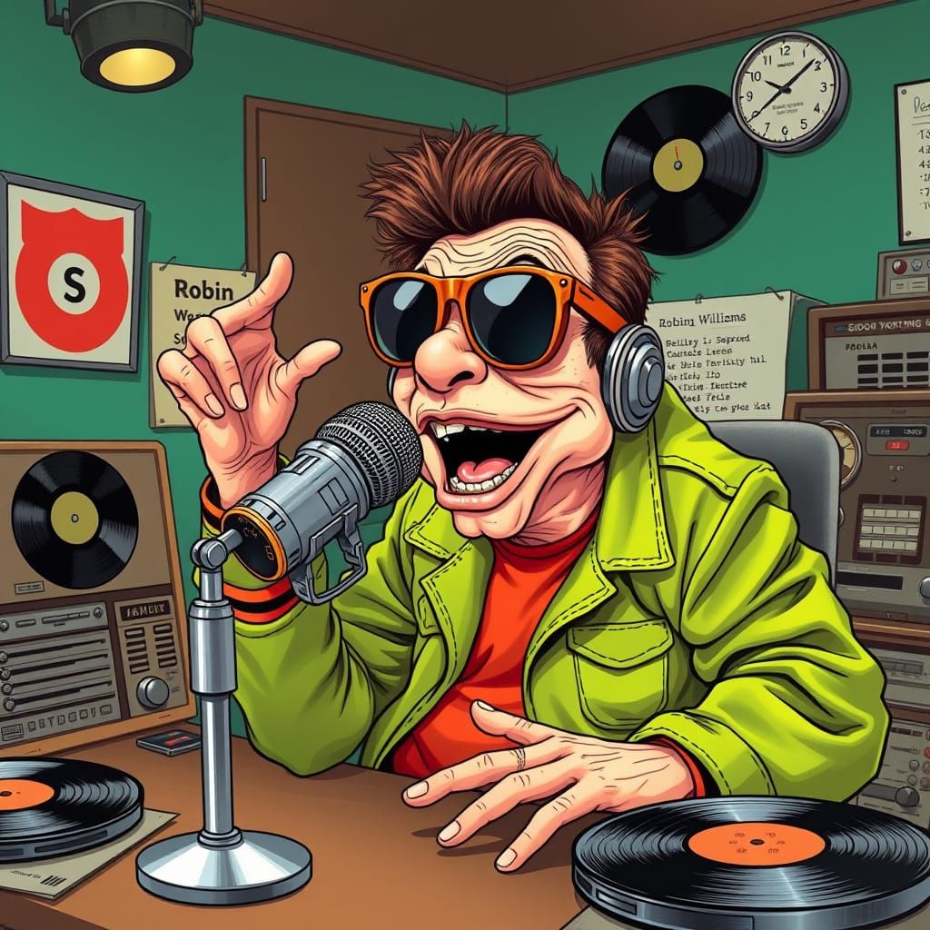 robin williams wearing a suprised frog costume in a radio st...