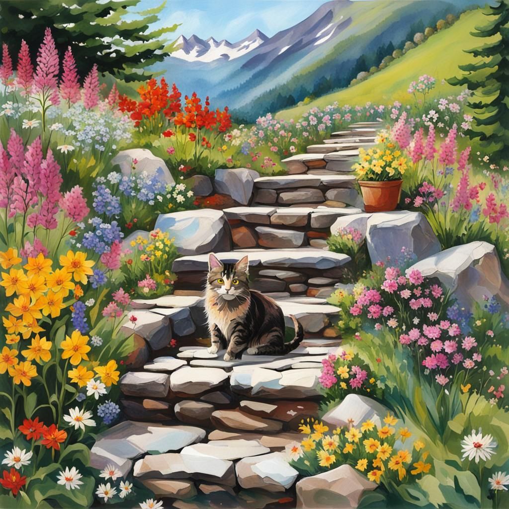 Cat Among Alpine Flowers on Stone Steps