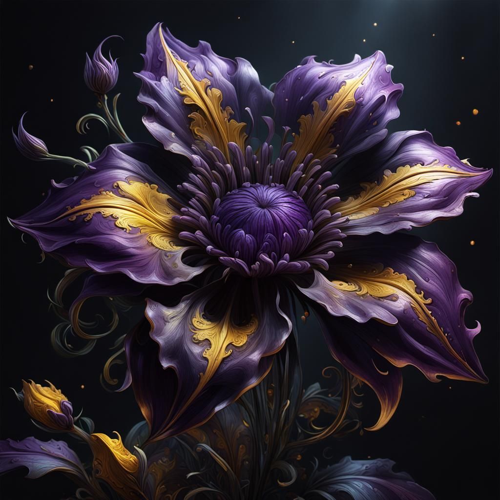 Dark Fantasy Flower in Purple and Yellow, 8K
