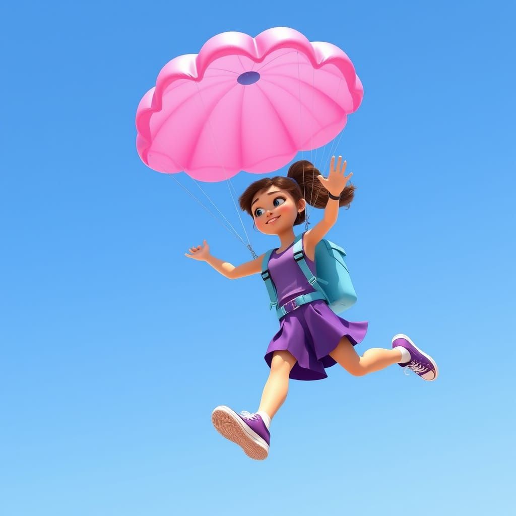 Girl Skydiving with Purple Parachute in 3D Style