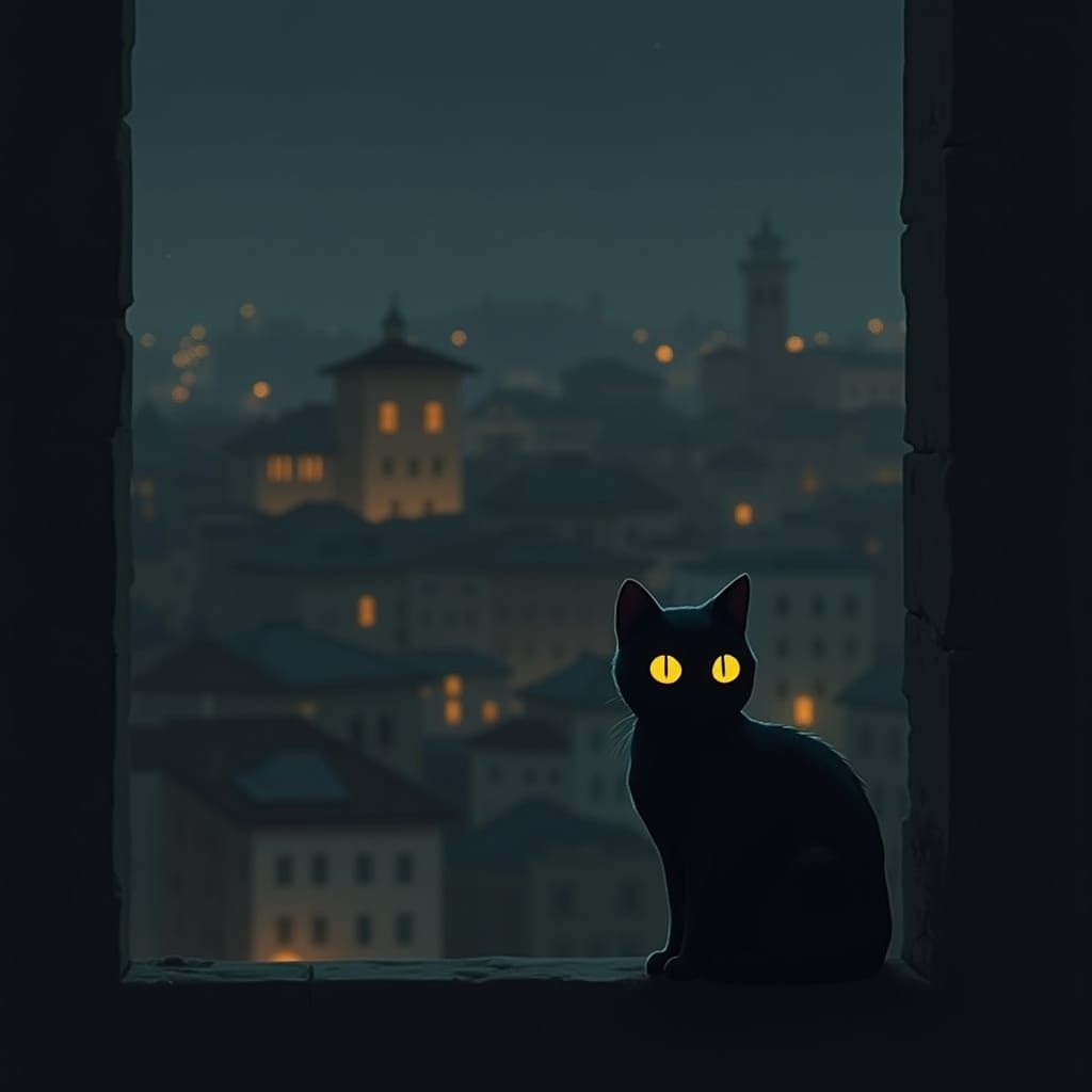 Black Cat in Milan Cityscape Flat Art Style