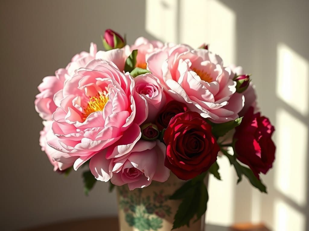 Peonies and Roses in Vintage Vase - Painterly Still Life