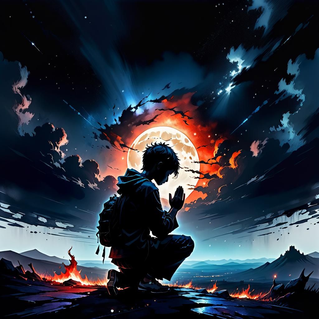 Fiery Landscape with Kneeling Boy: Watercolor Illustration