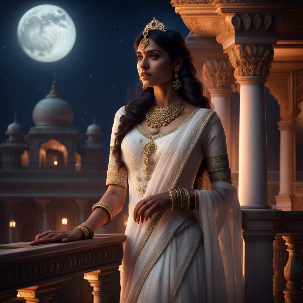 Indian Princess on Palace Balcony at Moon Night