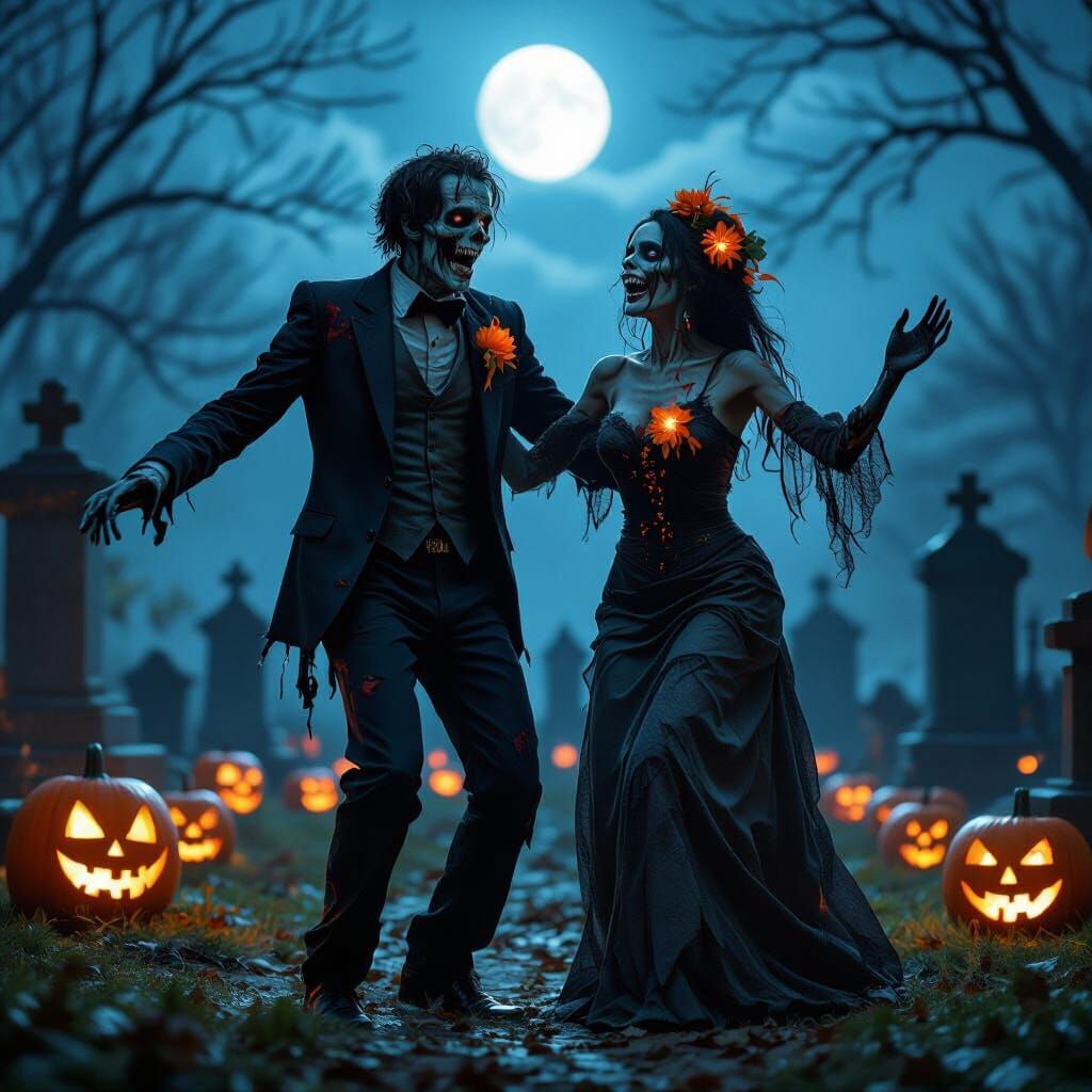 Undead Couple Dances in Moonlit Cemetery with Glowing Lanter...